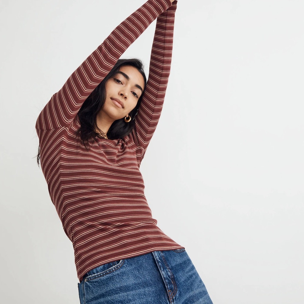 Madewell Women’s Striped Long Sleeve Top - Maroon with Pink, Cream, and White
